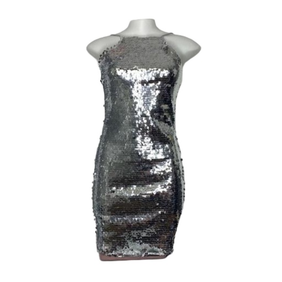NWOT Stradivarius Silver Sequin Swiftie Metallic Spacecore Prom Mini Dress S - Picture 7 of 12